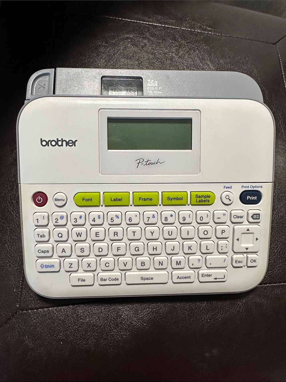 Brother P-touch Label Maker in White with Lime Green Buttons and Gray Trim